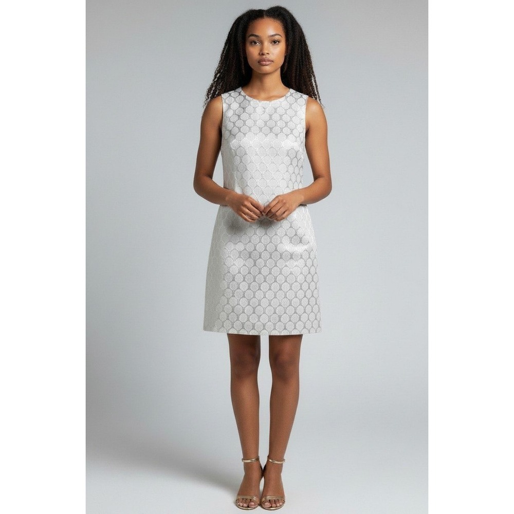 Jessica H Metallic Silver White Brocade Shift Dress Size 8 NWT